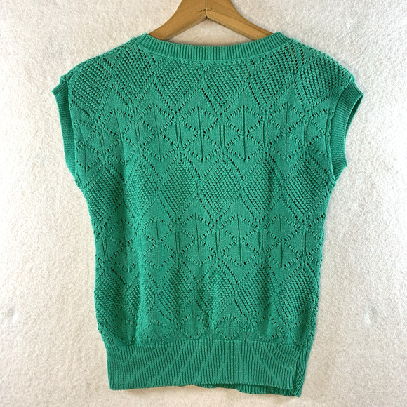 Vintage 80s Womens Sleeveless Cotton Open Knit Top Emerald Green Cottage Preppy - Picture 5 of 10